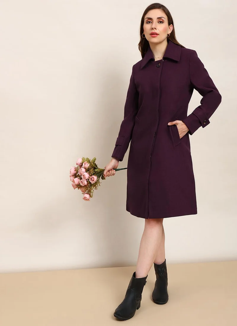 جلو باص Globus Women Mauve Solid Spread Collar Long Sleeve Knee Length Winterwear Overcoat